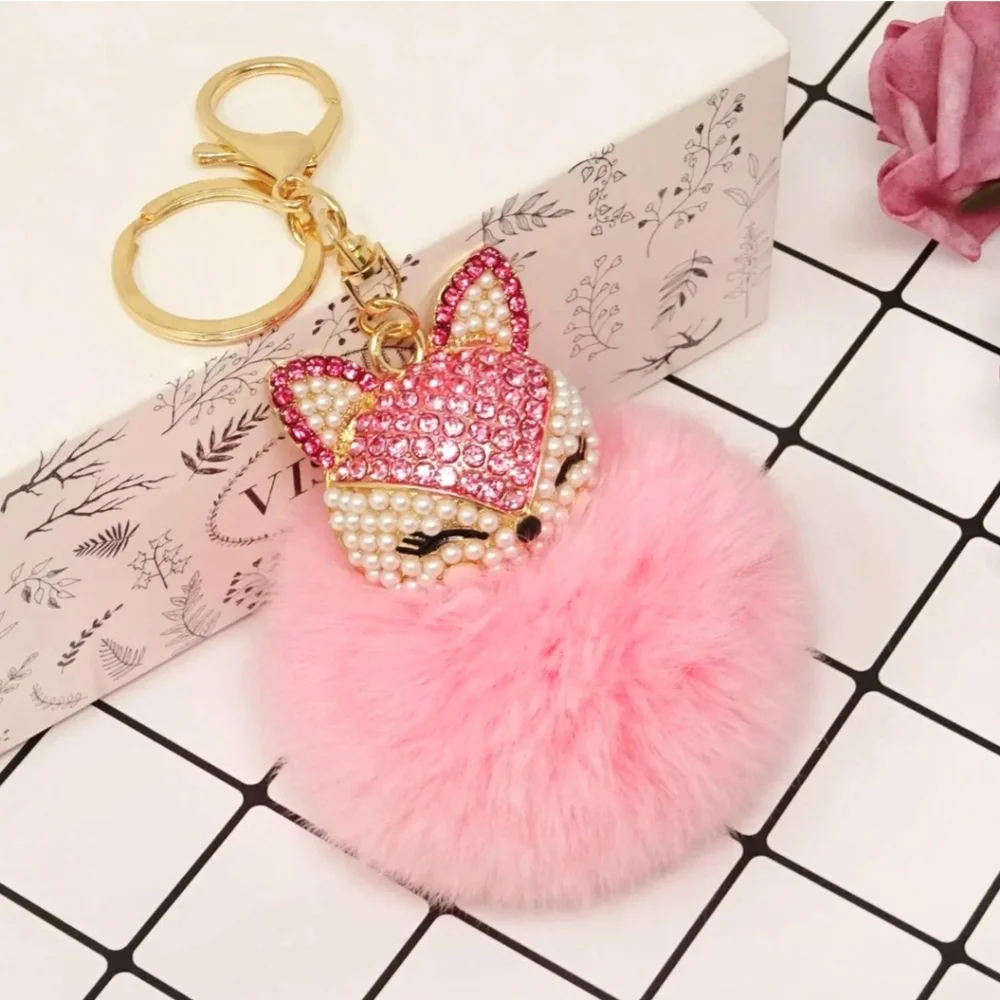 Pink Plush Pom Pom FOX Rhinestones Pearls Feminine Elegant Luxury Keychain Gift